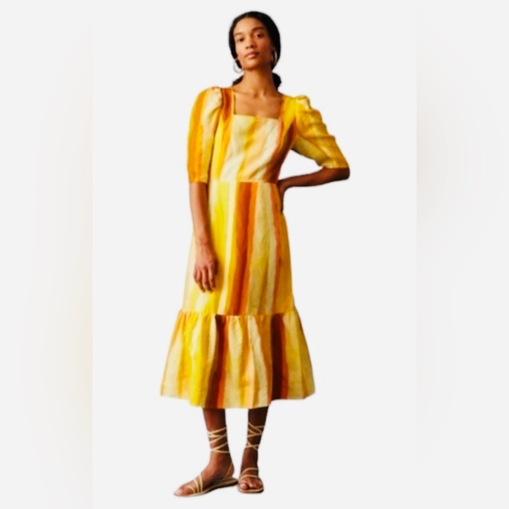 Marie Oliver Capri Sunshine Linen Tiered Midi Dress Sz 10